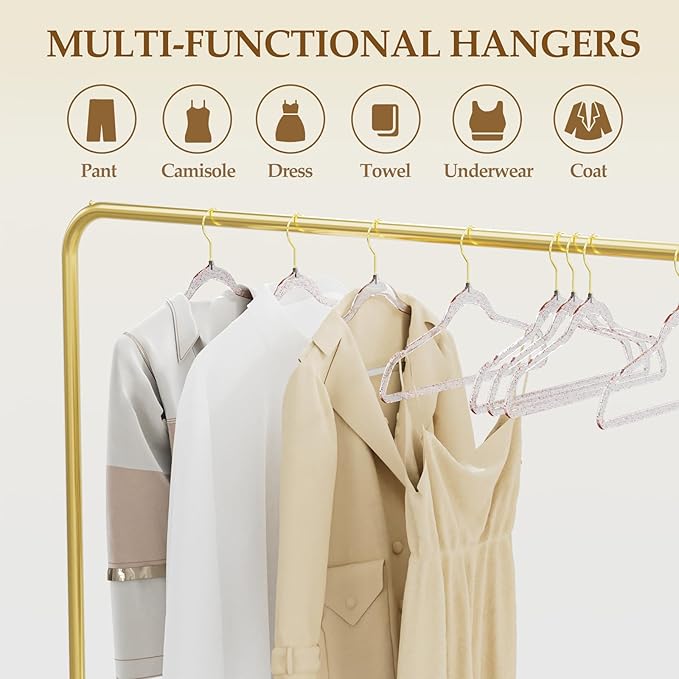 50 Pack Clear Plastic Hangers with Pink Glitter, Acrylic, Ultra Slim, Space Saving, for Coats, Pants, Suits, Shirts, Skirts, Dress Clothes