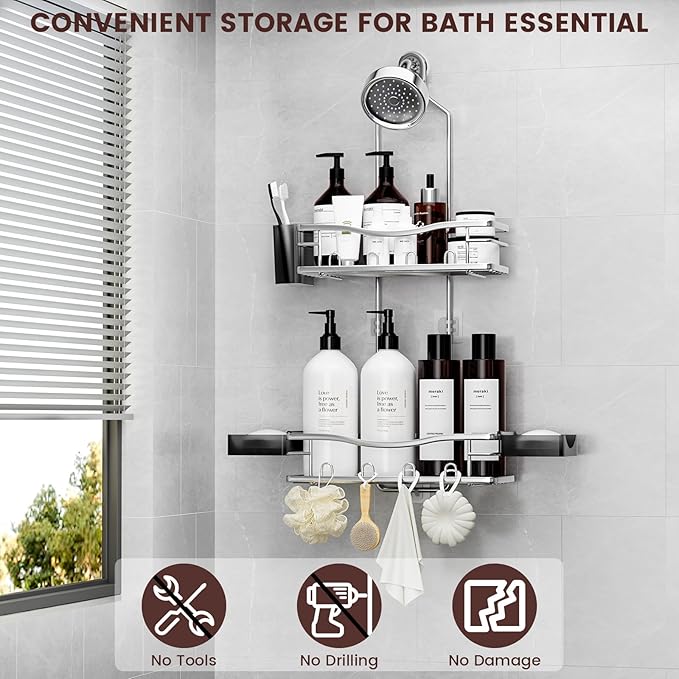 REINHARDT Shower Caddy Hanging, Rustproof Shower Caddy Anti-Swing Shower Organizer Over Showerhead No Drilling Shower Racks with Soap Holder Multi Hooks Bathroom Storage for Shampoo Sponge, Silver