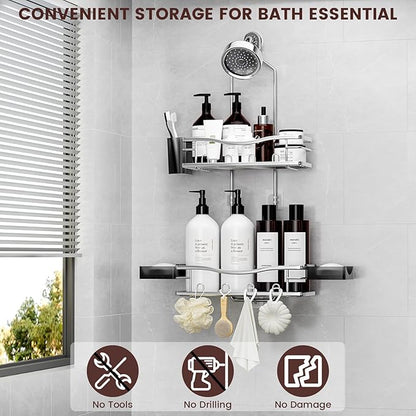 REINHARDT Shower Caddy Hanging, Rustproof Shower Caddy Anti-Swing Shower Organizer Over Showerhead No Drilling Shower Racks with Soap Holder Multi Hooks Bathroom Storage for Shampoo Sponge, Silver