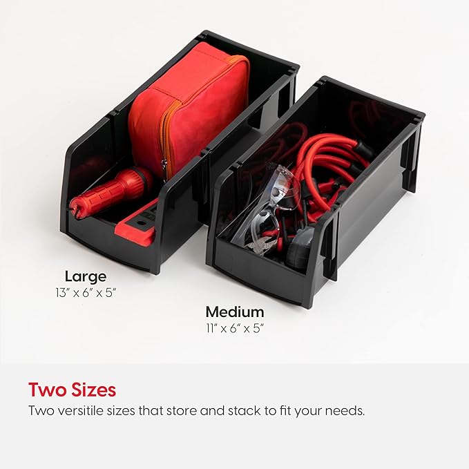 IRIS USA Medium Stackable Storage Bins, 4-Pack, 11" L x 6" W x 5" H, |Made in USA|, Plastic Open Front Shelf Bin for Organizing Parts, Hardware, Tools, Supplies, Garage Shelf, Pantry - Black