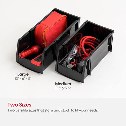 IRIS USA Medium Stackable Storage Bins, 4-Pack, 11" L x 6" W x 5" H, |Made in USA|, Plastic Open Front Shelf Bin for Organizing Parts, Hardware, Tools, Supplies, Garage Shelf, Pantry - Black