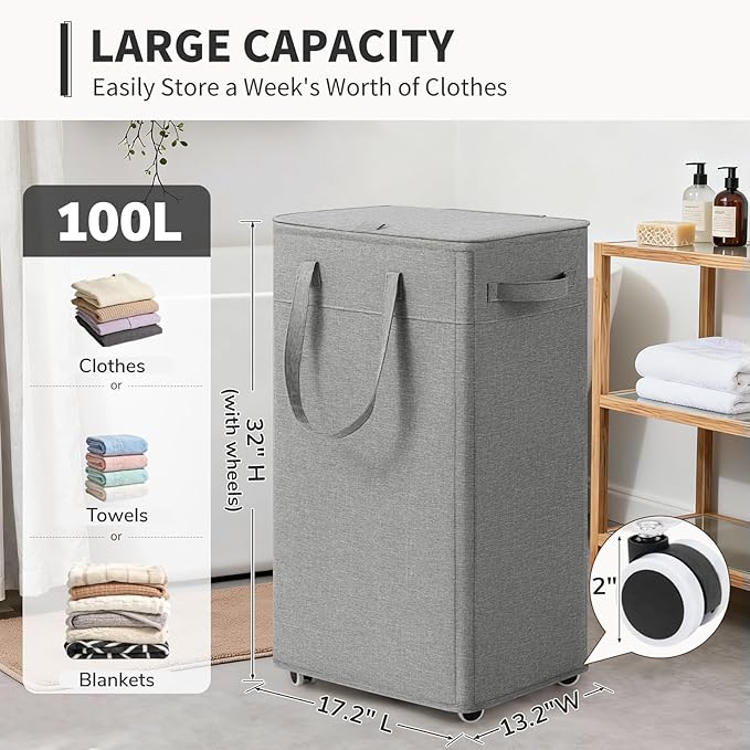 Goodpick Laundry Basket with Wheels and Lid, 100L Collapsible Basket with Removable Wash Bag, Extra Large Rolling Laundry Hamper for Dirty Clothes Blankets, Light Grey, 17.2" x 13.2" x 32"