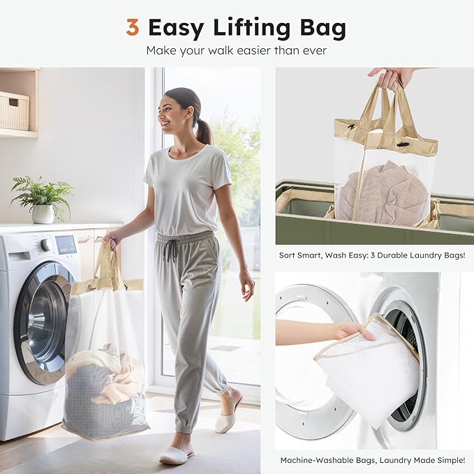 SOLEDI 180L 3-Section Laundry Hamper with Lid, Extra Large Dirty Clothes Basket with Sturdy Handles for Laundry Room & Bedroom - Durable Organizer for Sorting Laundry