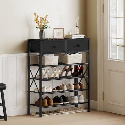 YATINEY 5 Tier Shoe Rack, Large Capacity Shoe Storage Organizer, Metal Shoe Shelf with Drawer and Wooden Top, for 20 Pairs of Shoes, for Entryway, Closet, Black SS25BB