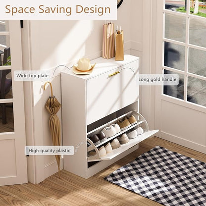 LYNSOM Shoe Cabinet, Free Standing Tipping Bucket Shoe Rack Organizer with 2 Flip Drawers, Modern Entryway Shoe Storage with Top Display, Narrow Slim Hidden Shoe Cabinet (White)