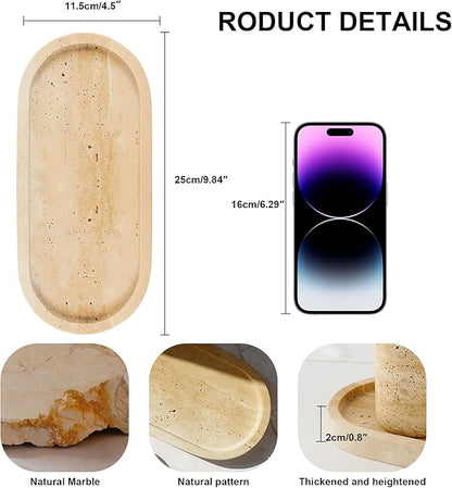 Natural Travertine Vanity Tray Waterproof Italy Marble Bathroom Organizer for Perfume, Candles & Jewelry Non-Slip Oval Storage Tray for Spa, Bedroom, Kitchen 9.8" x 4.5" Beige (WH028)