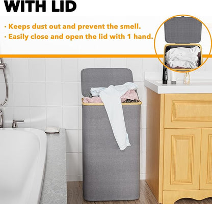 SpaceAid Laundry Hamper with Lid, 110L Large Tall Clothes Basket Bin with Bamboo Handles, Collapsible Laundry Hamper for Bedroom, Bathroom, Dorm, Laundry Room - Grey