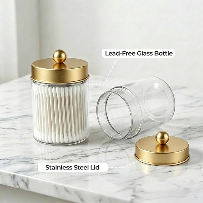 Amolliar Apothecary Jars Bathroom Storage Organizer - Cute Qtip Dispenser Holder Vanity Canister Jar Glass with Lid for Cotton Swabs,Rounds,Bath Salts,Makeup Sponges,Hair Accessories-Gold (1 Pack)