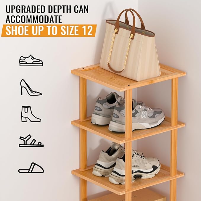 MHXW SXPN Bamboo Free Standing Shoe Rack Shelf Multi Tier Tall Wooden Stackable Shoes Rack Organizer for Closet Front Door Entrance Narrow Vertical Shoe Storage (Nature, 7 Tiers)