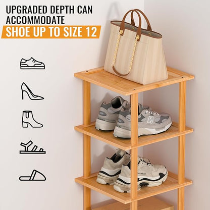 MHXW SXPN Bamboo Free Standing Shoe Rack Shelf Multi Tier Tall Wooden Stackable Shoes Rack Organizer for Closet Front Door Entrance Narrow Vertical Shoe Storage (Nature, 7 Tiers)