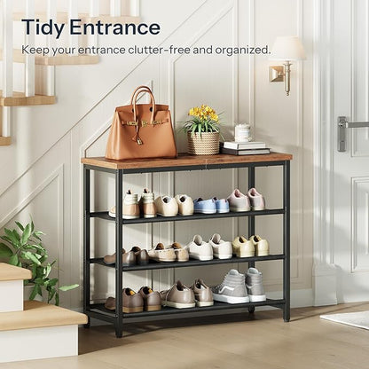 HOOBRO Shoe Rack with 3 PU Shelves, 4-Tier Shoe Storage Organizer for Closet and Entryway, Holds 9-12 Pairs of Shoes, Sturdy Metal Frame, Small Spaces, Rustic Brown and Black BF94XJ01