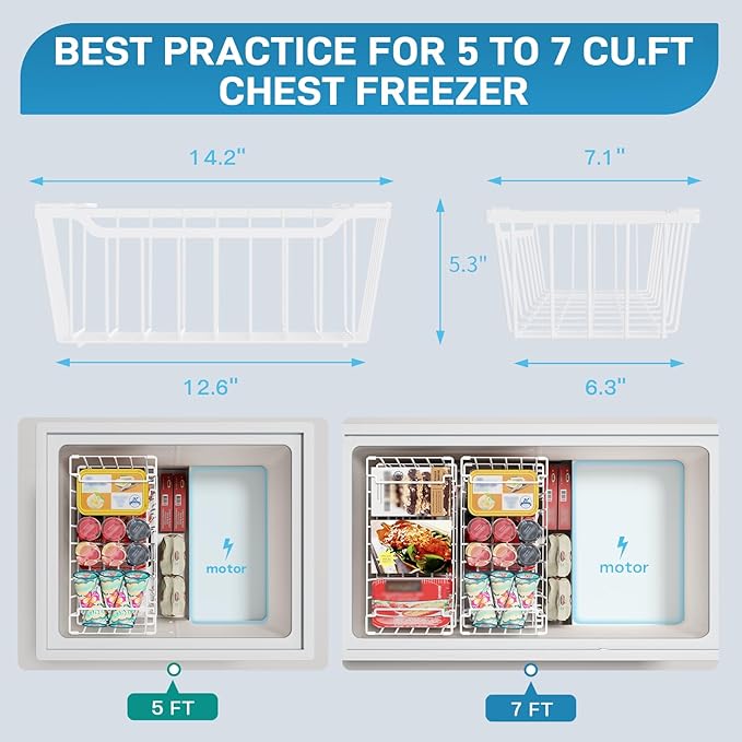 SUNALLY Freezer Organizer Bins, 8 Pack Chest Freezer Organizer Stackable for 5-7 Cu.FT Deep Freezer Sort Frozen Meats and Food, Freezer Storage Baskets with Handles Easy Reach from Bottom, White