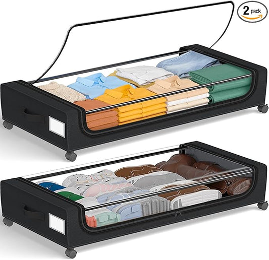 GoMaihe Under Bed Storage with Wheels: 70L Underbed Storage Containers with Clear Lids - Rolling Drawers & Bins for Shoes Clothes in Dorm Bedroom - Space-Saving Easy Pull-out Black 2-Pack
