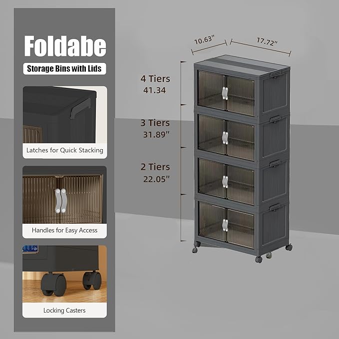 51QT Stackable Storage Bins with Lids & Wheels - Foldable Cabinet Clear Door Plastic Organizer Containers for Home, Garage, Pantry Organization - Collapsible Design Gray 4T
