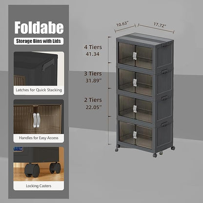 51QT Stackable Storage Bins with Lids & Wheels - Foldable Cabinet Clear Door Plastic Organizer Containers for Home, Garage, Pantry Organization - Collapsible Design Gray 4T