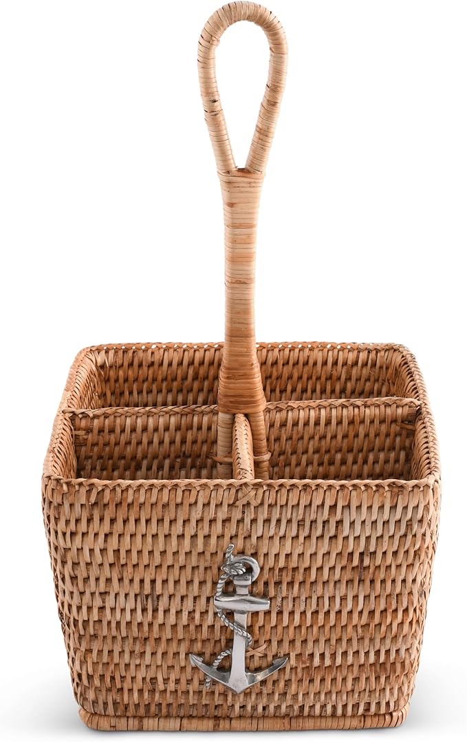 Vagabond House Coastal Woven Rattan Silverware Organizer, Natural Eco-Friendly 4-Compartment Kitchen Storage, Designer Wicker Utensil Holder for Beach House, Picnic, Party, Desk Outdoors