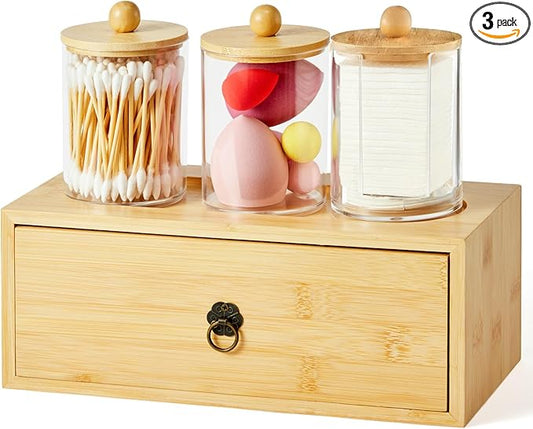 GNILLKO 3 Pack Qtip Holder Bathroom Set, Cotton Ball and Qtip Holder with Tray Drawer, Bathroom Jars with Lids Set for Cotton Ball Round Swab Pad Hair Ties Floss Perfume Jewelry