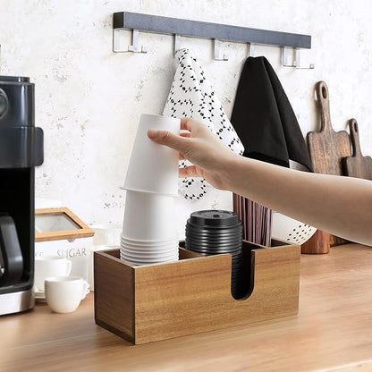 ALELION Acacia Wood Coffee Cup Holder for Countertop - Wood Coffee Bar Accessories and Organizer - Coffe Station Organizer for Cup Lid Stirrers Pod
