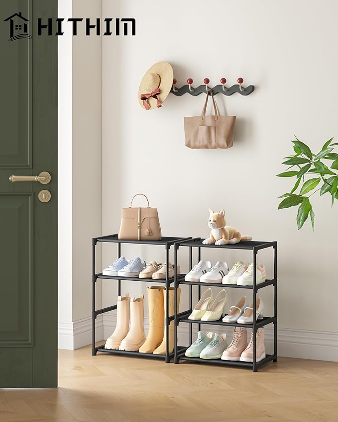 HITHIM 4 Tiers Small Shoe Rack,Narrow Stackable Shoe Shelf Organizer,Sturdy Shoe Stand, Non-Woven Fabric Metal Shoe Racks for Entryway, Doorway and Bedroom Closet