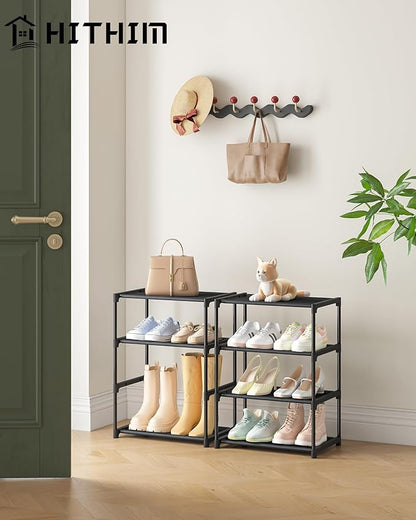 HITHIM 4 Tiers Small Shoe Rack,Narrow Stackable Shoe Shelf Organizer,Sturdy Shoe Stand, Non-Woven Fabric Metal Shoe Racks for Entryway, Doorway and Bedroom Closet