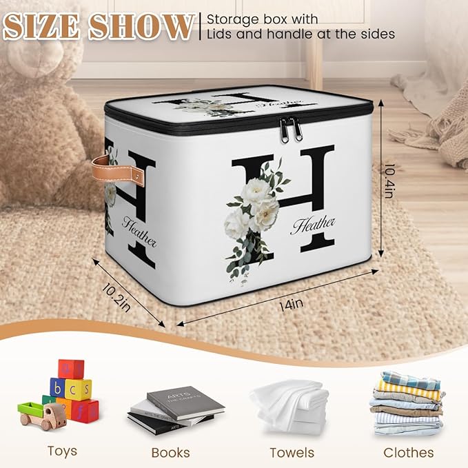 Custom Initials Floral Storage Bins with Lid, Foldable Personalized Storage Basket Boxes with Handle Shelf Basket Closet Organizer Cube