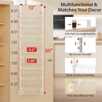 Delamu Narrow Over The Door Pantry Organizer, 8-Tier Metal Pantry Door Organization and Storage for Easy Install, Hanging Spice Rack Shelves, Door Organizer for Kitchen, 4.65"D x 13"W x 65"H, White