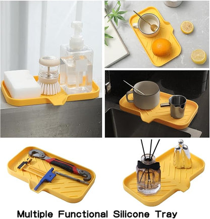 MicoYang Silicone Bathroom Soap Dishes with Drain Spout-Bathroom and Kitchen Sink Organizer,Sponge Holder,Dish Soap Tray,Perfect for Dispenser,Scrubber,Bottle,Cup on Sink or Counter-Yellow 9.6"×5.3"