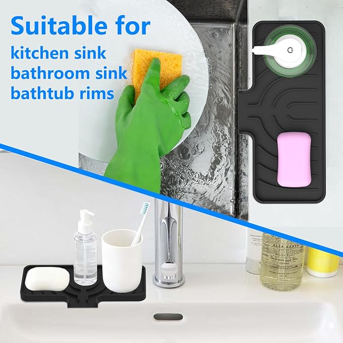 Sponge Holder for Kitchen Sink, Dish Sponge Holder & Soap Tray with Drain, Bathroom Sink Sponge Drying Rack & Perfect Organizer for Dispenser,Bottle,Cup on Sinks or Counter (10"x 4"Black)