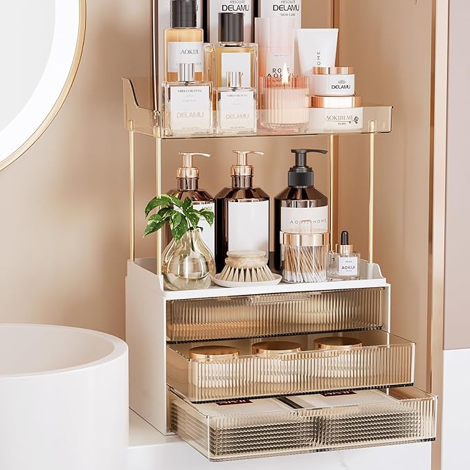 Delamu Bathroom Organizers and Storage, 2 Tier 3 Drawer Makeup Organizer Countertop, Easy to Install, Ideal for Bathroom Counter, Vanity, Ideal Gifts for Women Girls, Amber