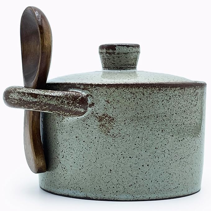 8 oz Ceramic Salt Cellar with Lid & Wooden Spoon,Countertop Salt Container,Sugar Bowl,Spices Jar| Artisan Kitchen Decor(Light Coarse Pottery Color)