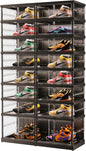 EHAMILY 8 Tiers 16-32 Pairs Foldable Shoe Boxes Large Plastic Shoe Storage Rack Collapsible Shoe Organizer for Closet Clear Stackable Shoes Shelf Storage Cabinet with Doors Quick Assembly Black