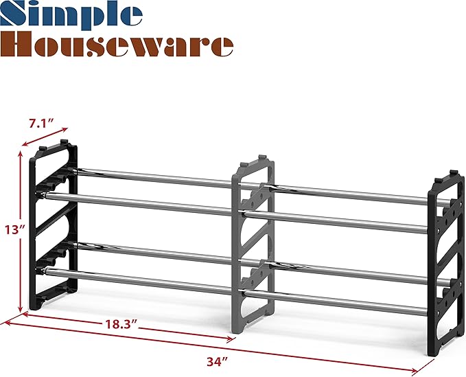 Simple Houseware 2-Tier Expandable (18''-34'') and Stackable Shoe Racks with Shelves for 8 Pairs of Shoes, Black