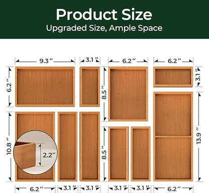 keechee 10-Piece Bamboo Drawer Organizer Set, 2.2" Deep Multi-Use Organizers for Utensils, Silverware, Cutlery, Desk, Bathroom, Junk Drawer & Makeup, Non-Slip Feet Included.