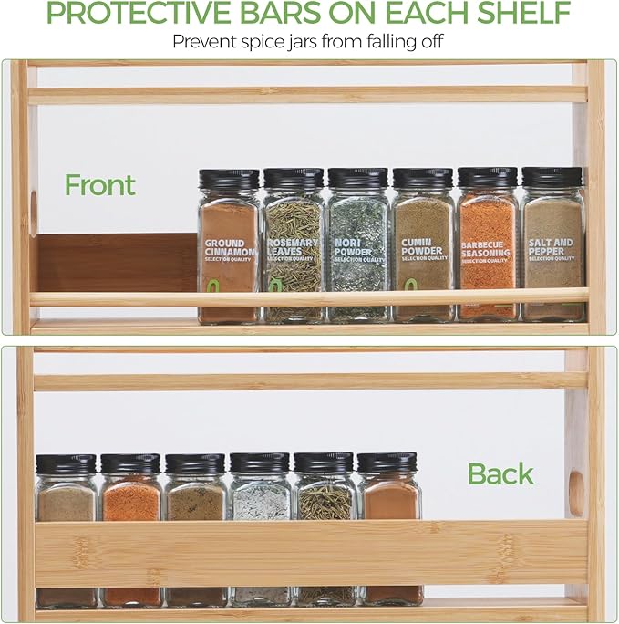 Bamboo Spice Rack Organizer, 3 Tier Spice Storage Rack with Handles, Wood Seasoning Jars Shelf for Kitchen Counter, Pantry or Wall Mounting