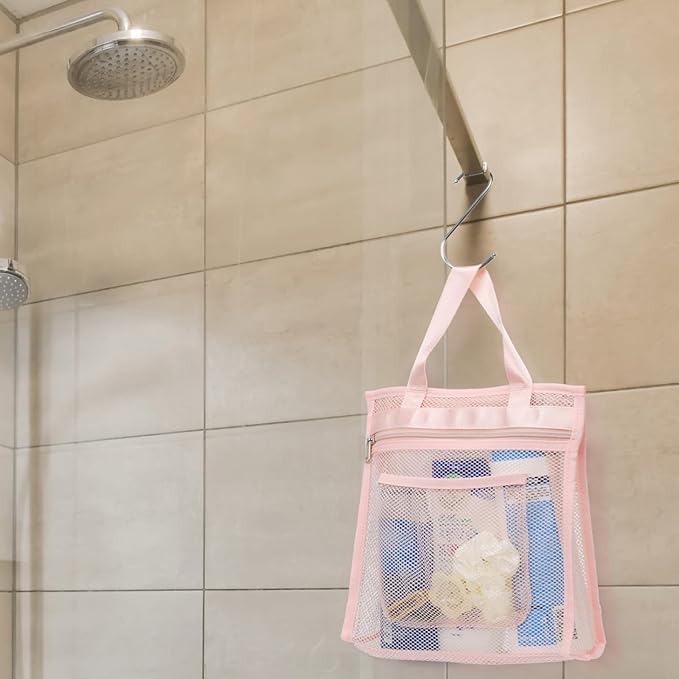F-color Mesh Shower Caddy Portable Hanging - 3 Pockets Small Shower Bag Tote with Zipper Closure for Camping, Gym Lockers, Travel, Toiletry, Quick Dry Bathroom Essentials with S Hook, Pink