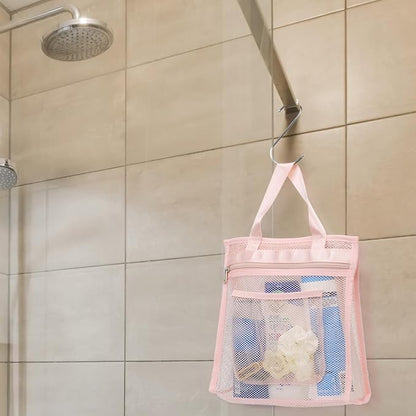 F-color Mesh Shower Caddy Portable Hanging - 3 Pockets Small Shower Bag Tote with Zipper Closure for Camping, Gym Lockers, Travel, Toiletry, Quick Dry Bathroom Essentials with S Hook, Pink