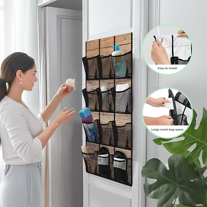 12 Pockets Door Hanger Organizer Woodgrain Over The Door Shoe Organizer Space Saving Multi-Funtion Storage Bag Mesh Fabric Wall Hanging Storage for Bathroom