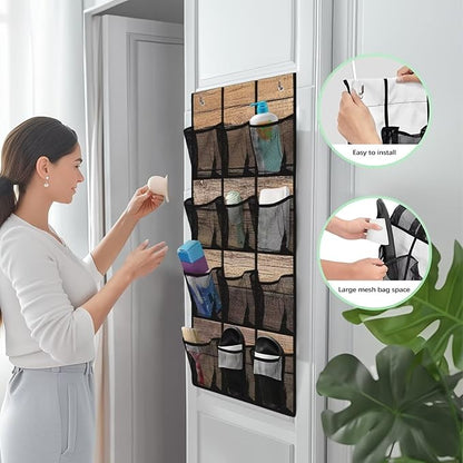 12 Pockets Door Hanger Organizer Woodgrain Over The Door Shoe Organizer Space Saving Multi-Funtion Storage Bag Mesh Fabric Wall Hanging Storage for Bathroom