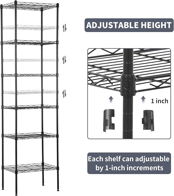 6-Shelf Wire Shelving Unit Adjustable Metal Shelving 600Lb Capacity Storage Shelves for Closet Kitchen Wire Rack Shelf Organizer for Small Space, 16.7D x 11.8W x 63H, Black