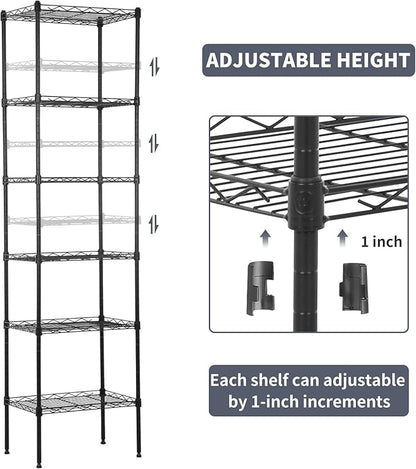 6-Shelf Wire Shelving Unit Adjustable Metal Shelving 600Lb Capacity Storage Shelves for Closet Kitchen Wire Rack Shelf Organizer for Small Space, 16.7D x 11.8W x 63H, Black
