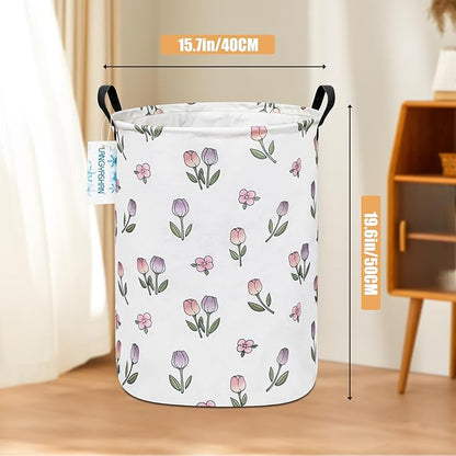 Laundry Basket Canvas Fabric Collapsible Organizer Basket for Storage Bin Toy Bins Gift Baskets Bedroom Clothes Children Nursery Hamper (Tulip)