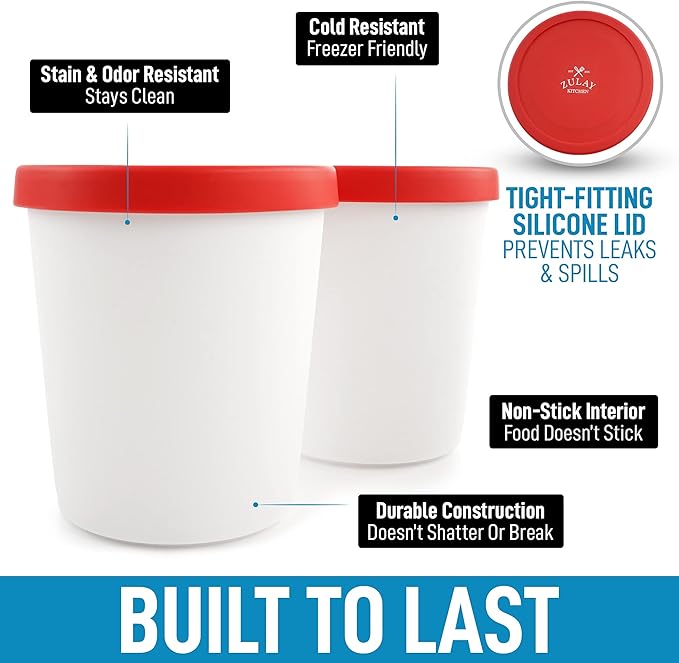 Zulay Large Ice Cream Containers - 2 Pack, 1 Quart Each - Reusable Ice Cream Container Set with Lids - For Sorbet, Gelato, Frozen Yogurt (Red)