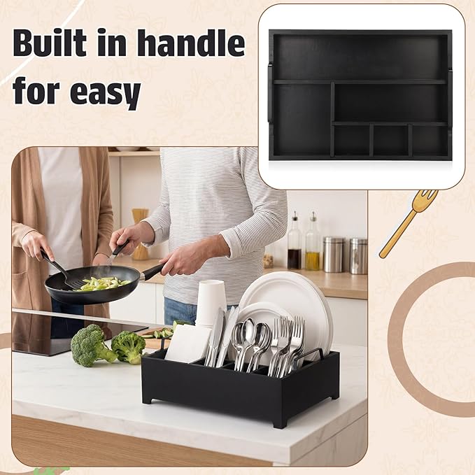 LemonRoad Wood Paper Plate Dispenser Rustic Silverware Utensil Caddy Cutlery Flatware Organizer with Handles 6 Compartments for Countertop Party Picnic Camping Buffet Kitchen Accessories(Black)