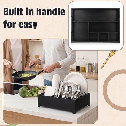 LemonRoad Wood Paper Plate Dispenser Rustic Silverware Utensil Caddy Cutlery Flatware Organizer with Handles 6 Compartments for Countertop Party Picnic Camping Buffet Kitchen Accessories(Black)