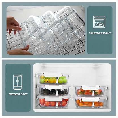 KOMUEE Glass Meal Prep Containers 3 Compartments, 5 Pack 36 oz, Glass Food Storage Containers with Lids, Airtight Lunch Bento Box, Portion Control, Freezer and Microwave Safe, White