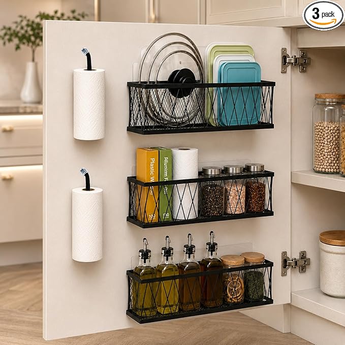 Pots and Pans Organizer Under Cabinet 3-Pack Iron Pot Lid Organizer Inside Cabinet Heavy Duty Cookware Rack Adjustable Lid Organizers Sturdy Metal Storage System for Kitchen Pantry Organization