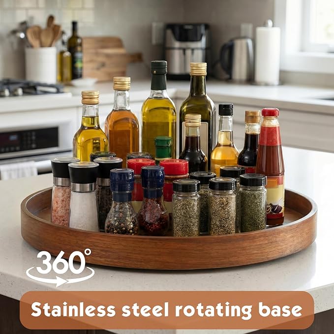 Leinuosen 20'' Walnut Wood Lazy Susan for Countertop Large Turntable Rotating Serving Tray for Table Top Non Skid Kitchen Tray Revolving Condiment Spice Rack for Table Organization Storage Supplies
