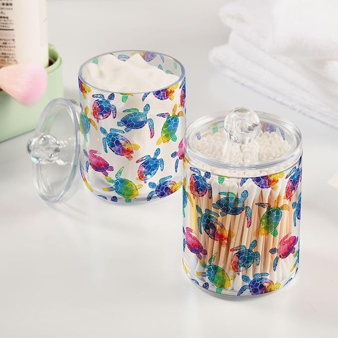 ALAZA 2pcs Multicolor Watercolor Sea Turtle Qtip Holder Dispenser 14 oz Bathroom Storage Clear Apothecary Jars Containers Cotton Ball,Cotton Rounds,Floss Picks, Hair Clips, Food