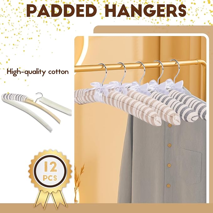 12 Pack Cotton Stripe Padded Hangers for Sweaters, 16 Inch Extra Large Rustic Style Non-Slip Coat Hangers for Women Clothing, Dresses, Lingerie, No Shoulder Bumps, Closet Organizer (Beige)
