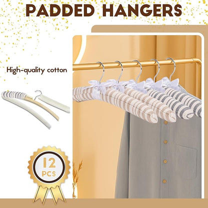 12 Pack Cotton Stripe Padded Hangers for Sweaters, 16 Inch Extra Large Rustic Style Non-Slip Coat Hangers for Women Clothing, Dresses, Lingerie, No Shoulder Bumps, Closet Organizer (Grey)